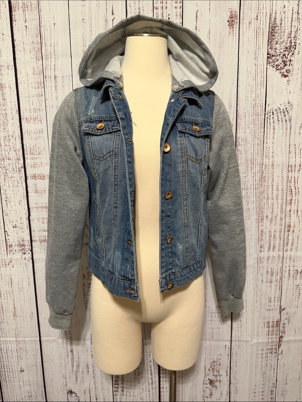 Light Blue Denim Jacket with Gray Hooded Sleeves